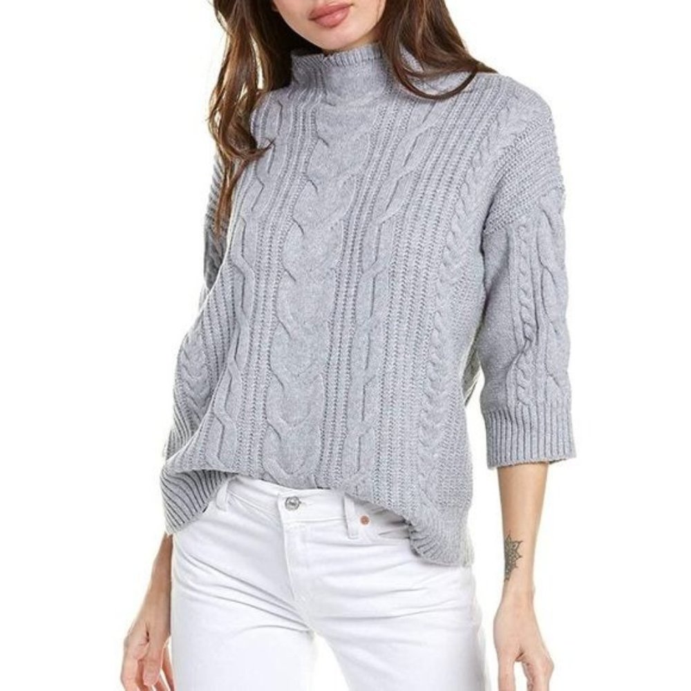 Vince Camuto Cable Stitch 3/4 Sleeve Mock Neck Relaxed Fit Mixed Knit Sweater